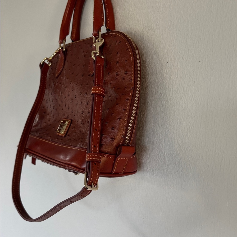 Dooney & Bourke brown ostrich leather zip zip satchel crossbody bag - Picture 6 of 16